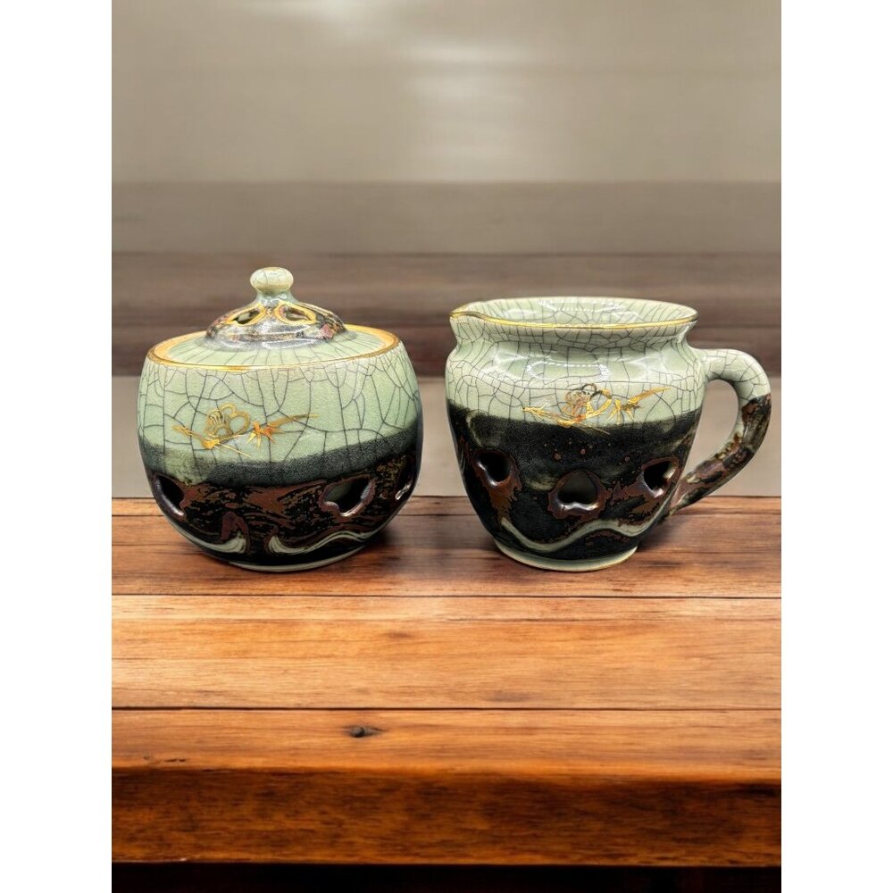 Vintage Otagiri Somayaki Soma Ware Green Crackle Horse Heart Creamer Covered Sug